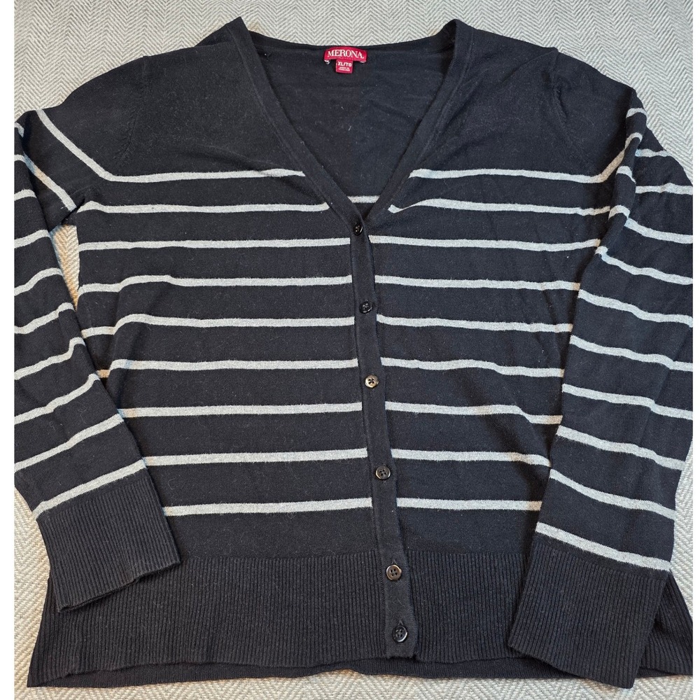 Merona Womens XL Black Gray Striped V-Neck Button Front Cotton Cardigan Sweater
